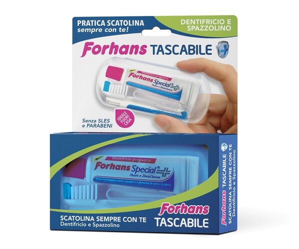 FORHANS TRAVEL KIT TASCABILE COMPOSTO DA SPAZZOLINO DA VIAGGIO + FORHANS SPECIAL PASTA DENTIFRICIA TUBETTO 12,5 ML