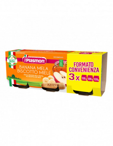 PLASMON OMOGENEIZZATO BANANA/MELA/BISCOTTI/MIELE 120 G X 3 PEZZI