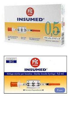 [902293240] SIRINGA PER INSULINA PIC INSUMED 0,5 ML 100 UI AGO GAUGE 30 LUNGHEZZA 8 MM SENZA SPAZIO MORTO 3 SACCHETTI DA 10 PEZZI