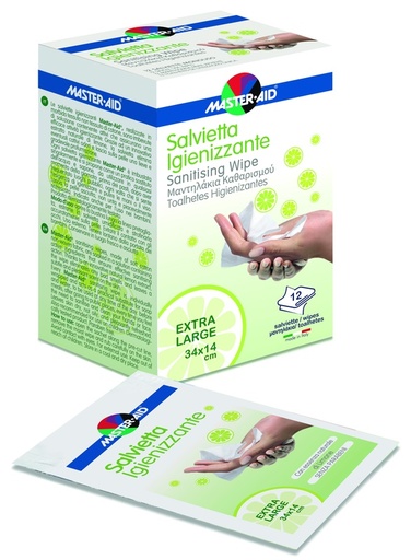 [980512115] MASTER-AID SAVIETTA IMPREGNATA DI SOLUZIONE IGIENIZZANTE XL 12 PEZZI